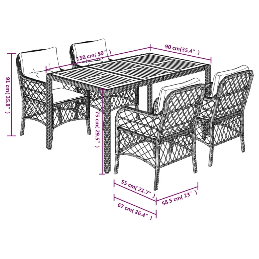 Garden Dining Set Grey 5 Piece Poly Rattan with Cushions Acacia Wood Table