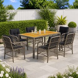 Compact 7 Piece Grey Rattan Dining Set for Outdoor Spaces
