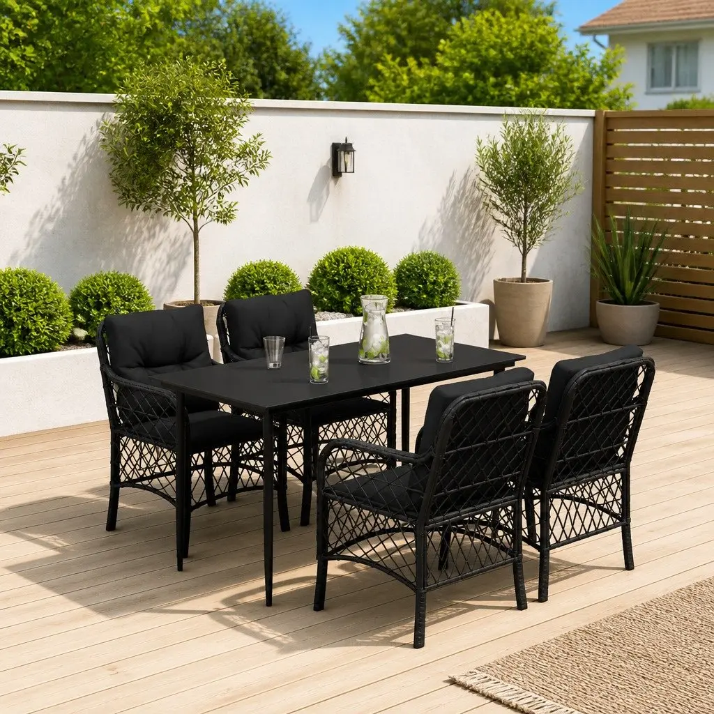 Outdoor Dining Set 5 Piece Garden Furniture Black Poly Rattan with Cushions