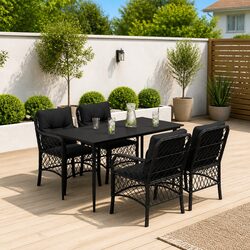 Outdoor Dining Set 5 Piece Garden Furniture Black Poly Rattan with Cushions