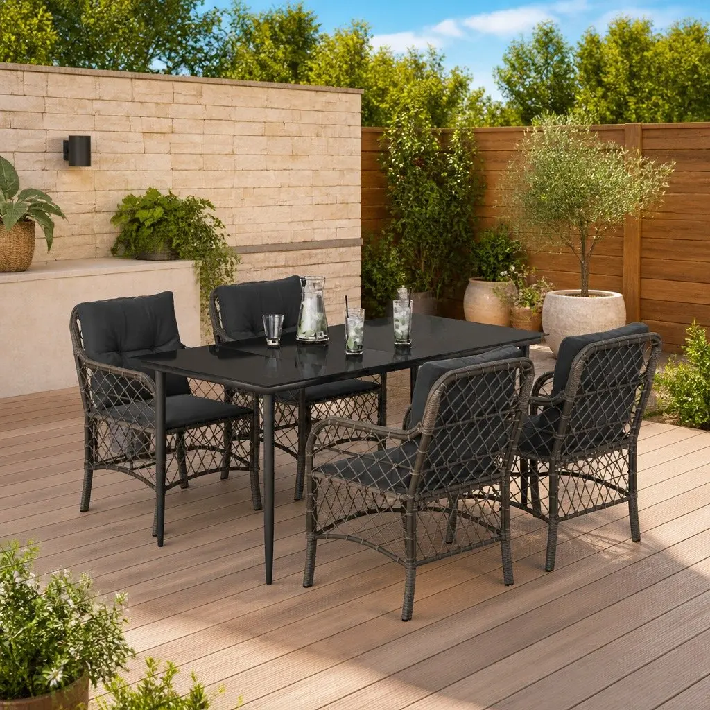 Garden Dining Set Grey 5 Piece Outdoor Furniture Poly Rattan with Cushions