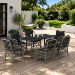 7-Piece Garden Dining Set with Cushions Grey Poly Rattan Outdoor Furniture