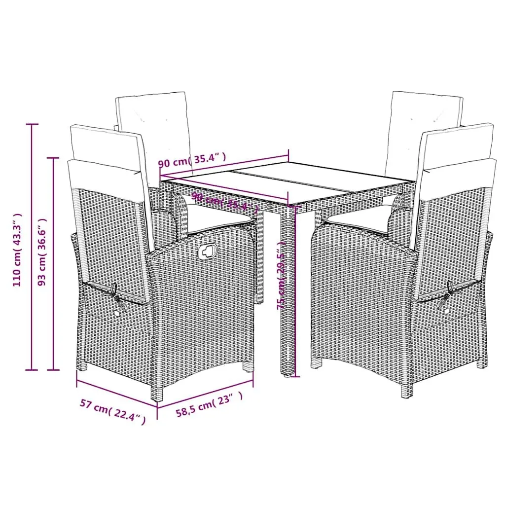 5 Piece Outdoor Garden Dining Set Black Poly Rattan with Cushions Glass Table