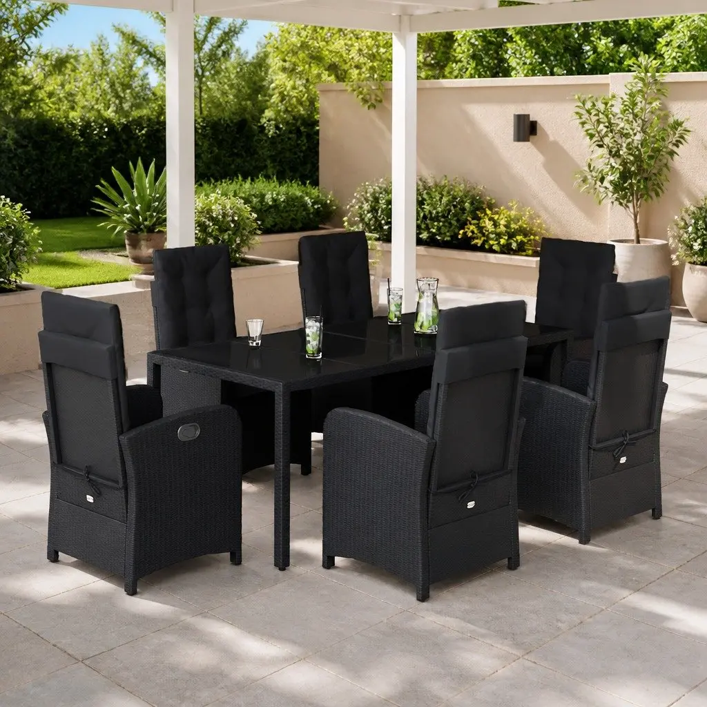 7 Piece Garden Dining Set Outdoor Furniture with Cushions Black Poly Rattan