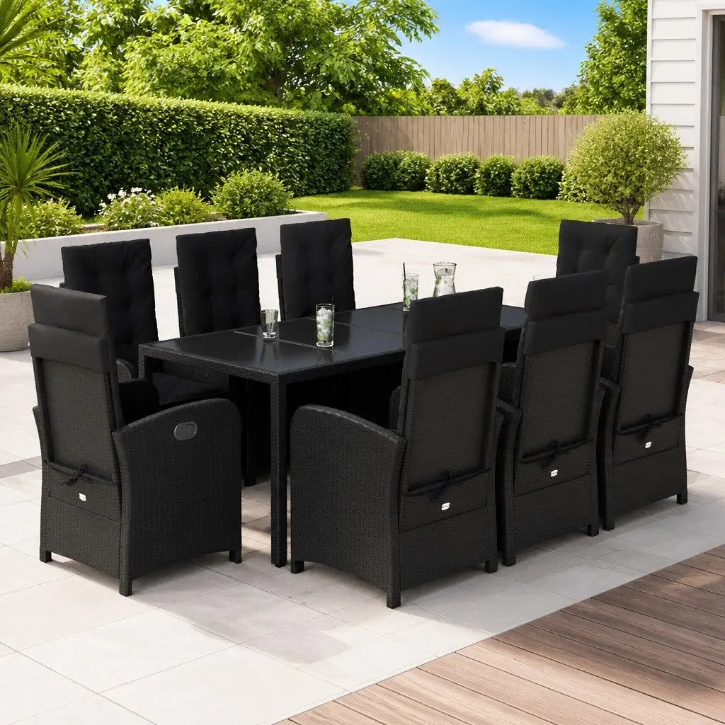 Garden Dining Set 9 Piece Outdoor Furniture Black Poly Rattan Chair Table Patio