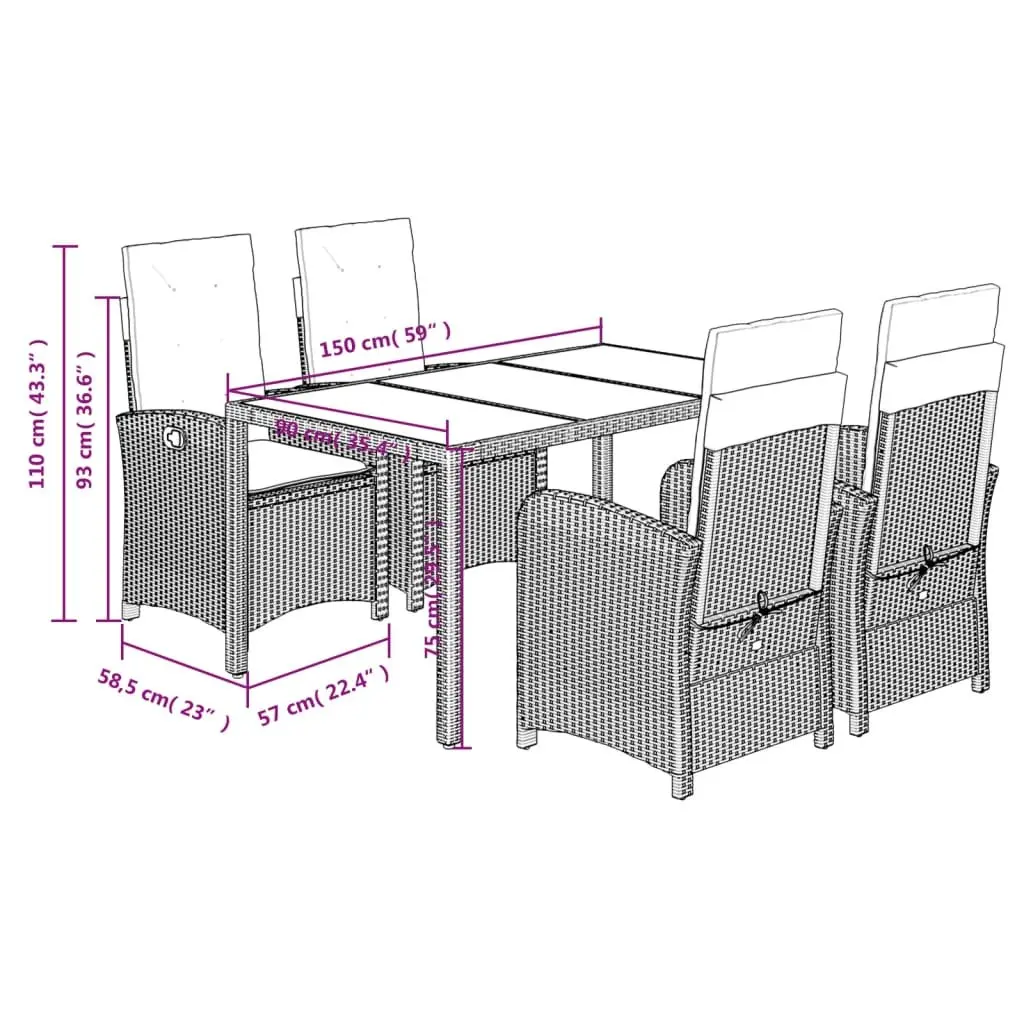 Garden Dining Set 5 Piece Outdoor Furniture Grey Poly Rattan Adjustable Backrest