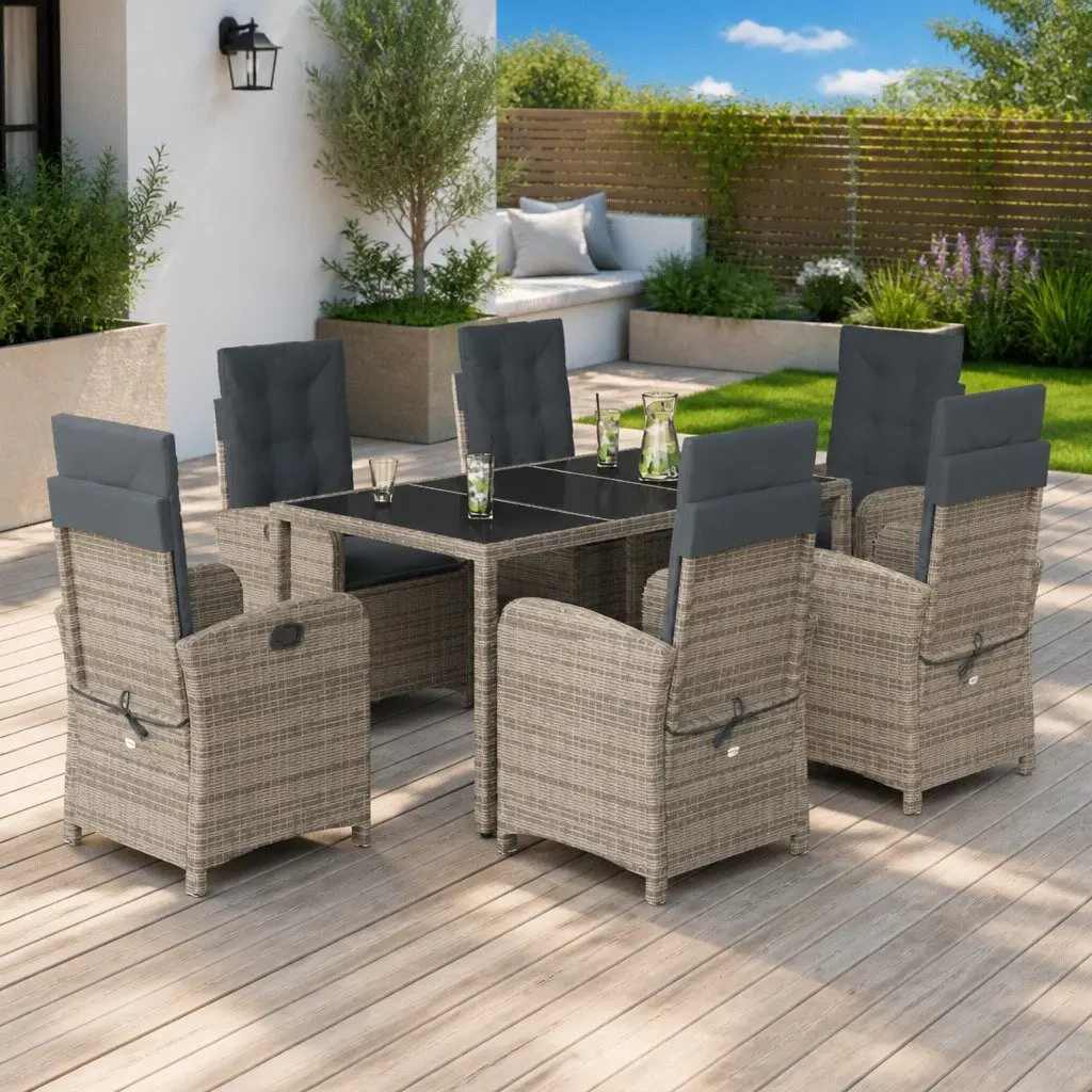 7 Piece Outdoor Dining Set Grey Poly Rattan Weather-Resistant Garden Furniture Table Chairs