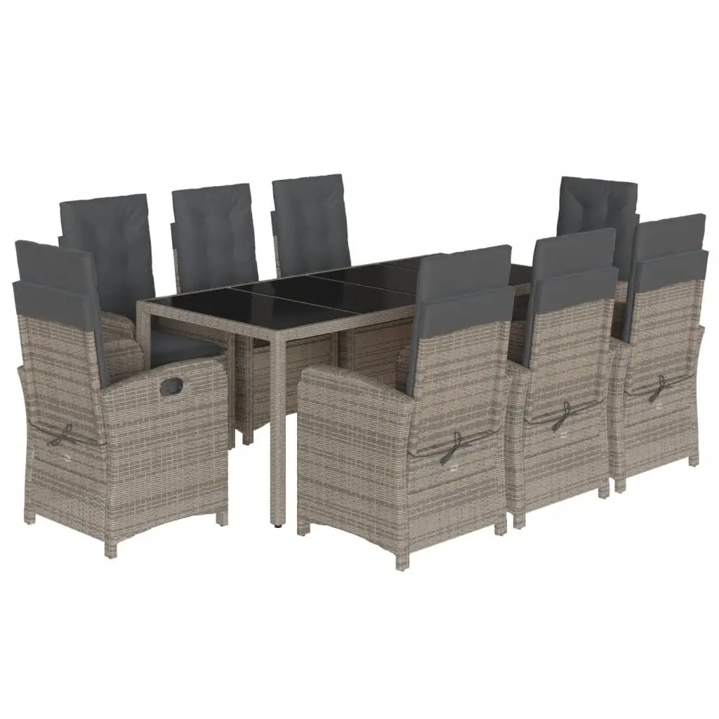 Garden Dining Set 9 Piece Outdoor Furniture Grey Poly Rattan Cushions Glass