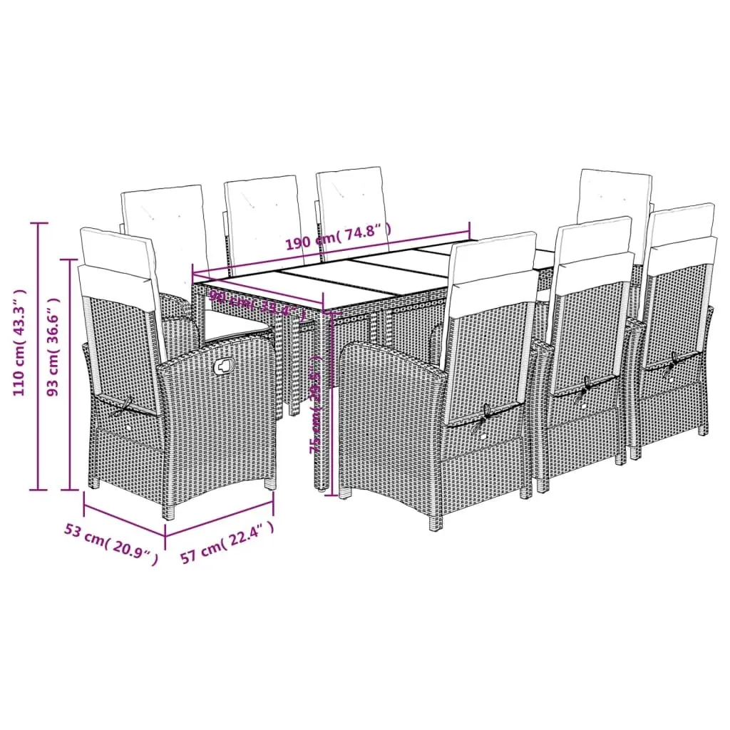 Garden Dining Set 9 Piece Outdoor Furniture Grey Poly Rattan Cushions Glass
