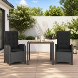 3 Piece Outdoor Dining Set Black Poly Rattan Furniture Garden Patio Table Chairs