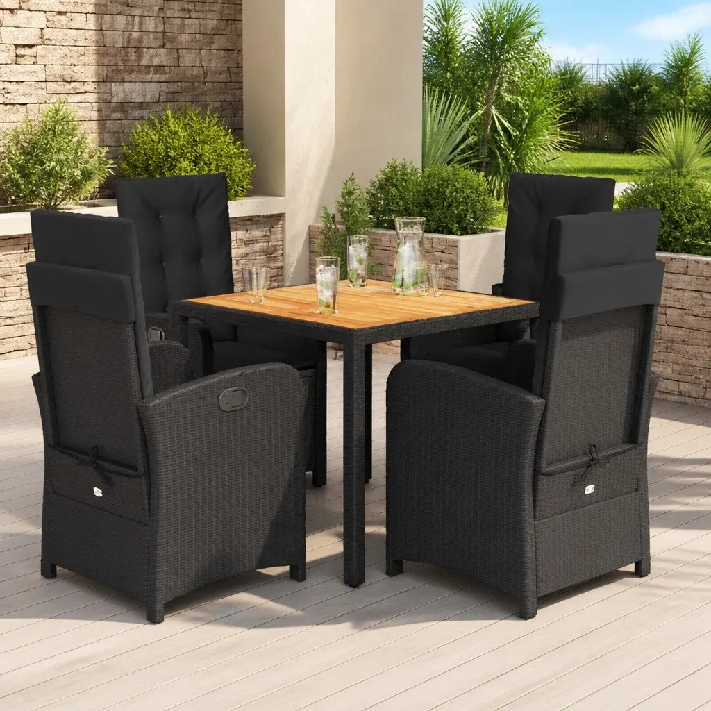 5 Piece Outdoor Dining Set Black PE Rattan Garden Furniture with Cushions
