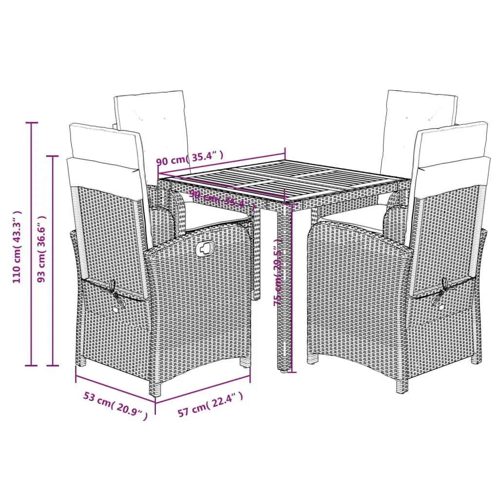 5 Piece Outdoor Dining Set Black PE Rattan Garden Furniture with Cushions