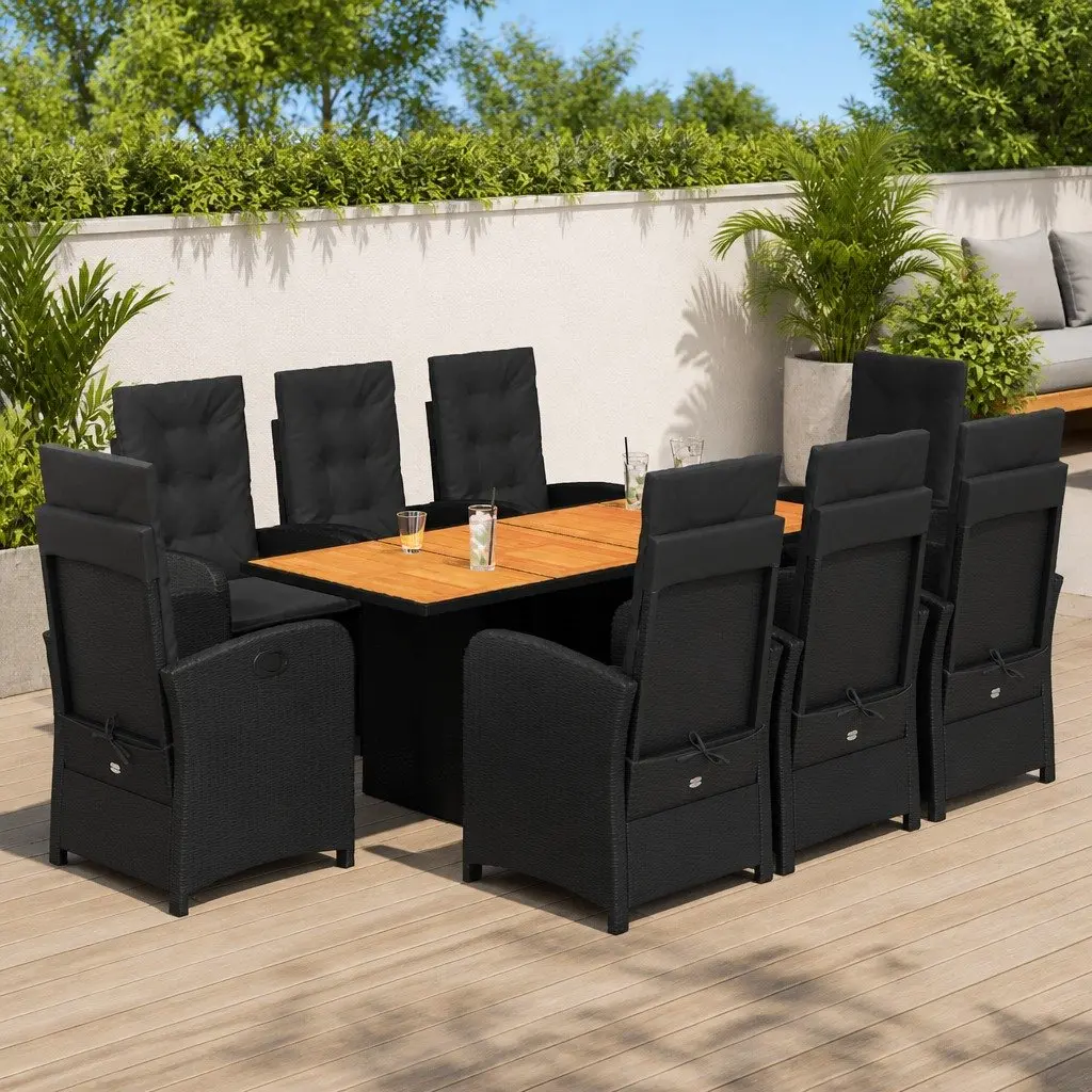 9 Piece Outdoor Garden Dining Set Black Poly Rattan Chairs Table with Cushions