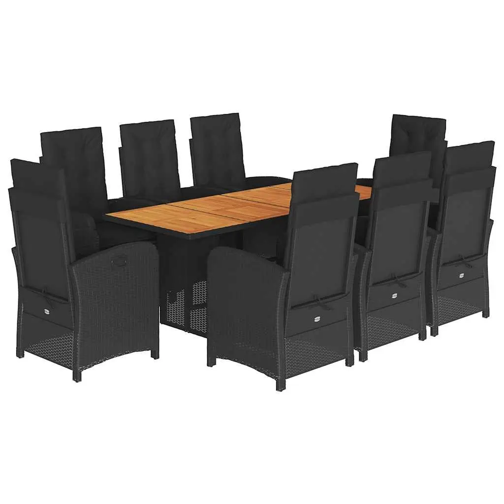 9 Piece Outdoor Garden Dining Set Black Poly Rattan Chairs Table with Cushions