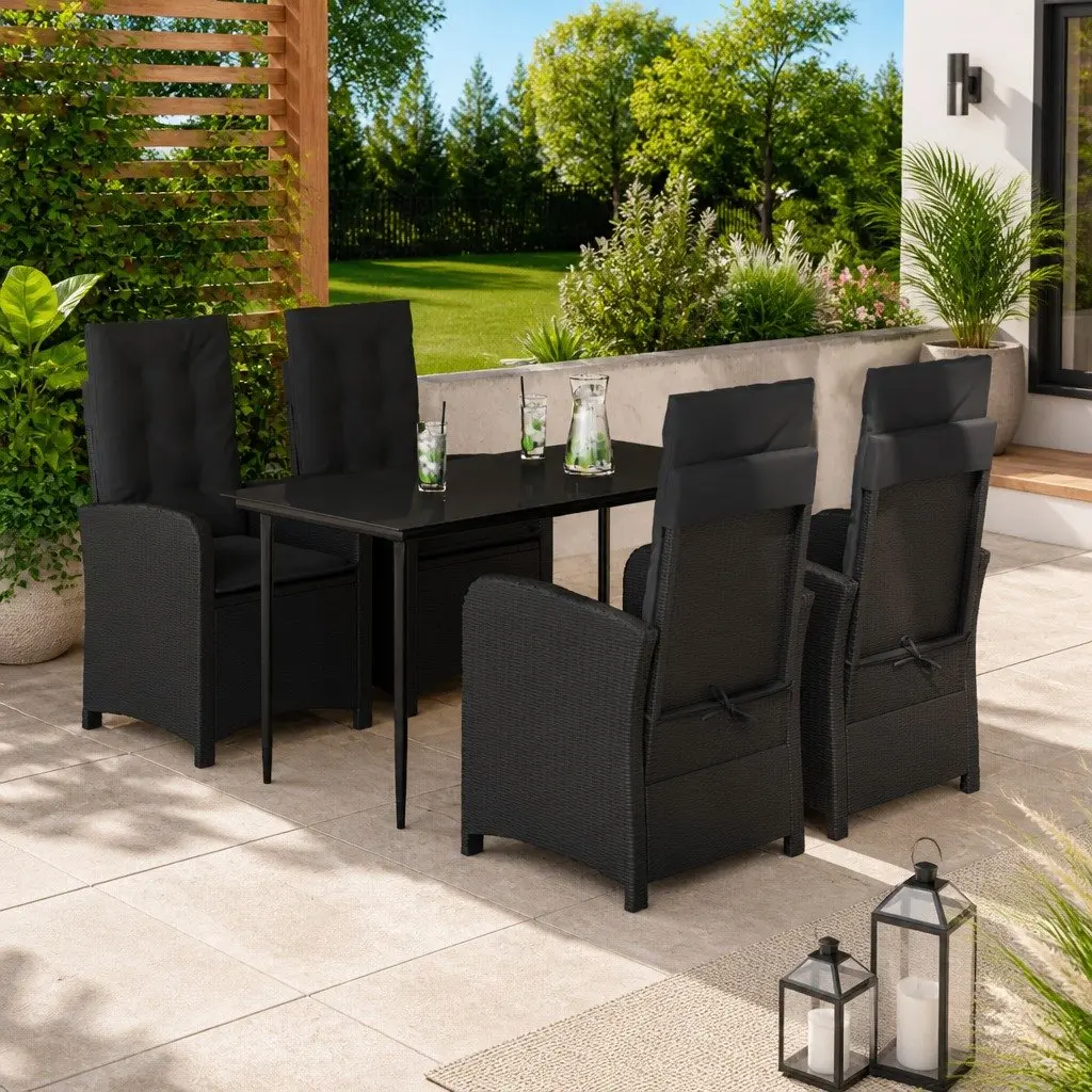 Garden Dining Set 5 Piece Outdoor Furniture Black Poly Rattan Table Chairs