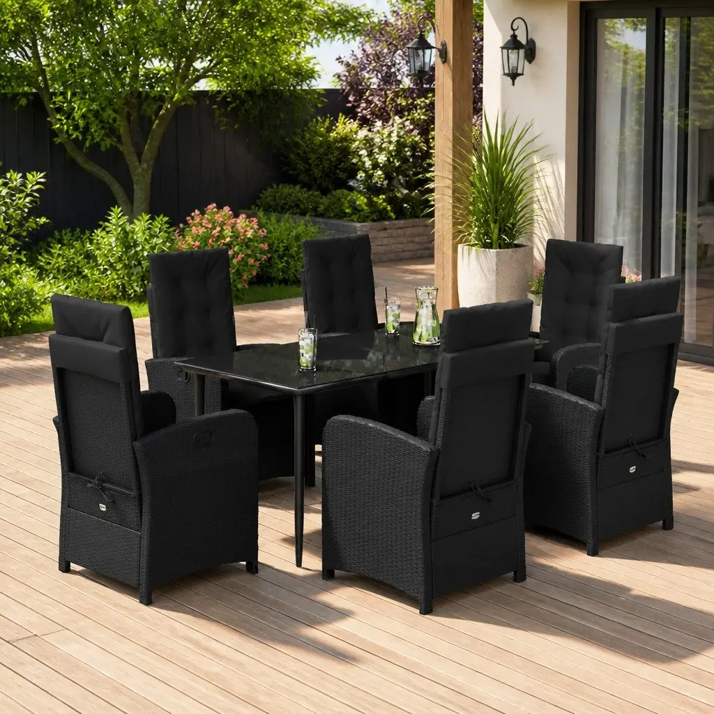 7 Piece Garden Dining Set Black Poly Rattan Outdoor Furniture with Cushions Adjustable Backrest Tempered Glass Table Top