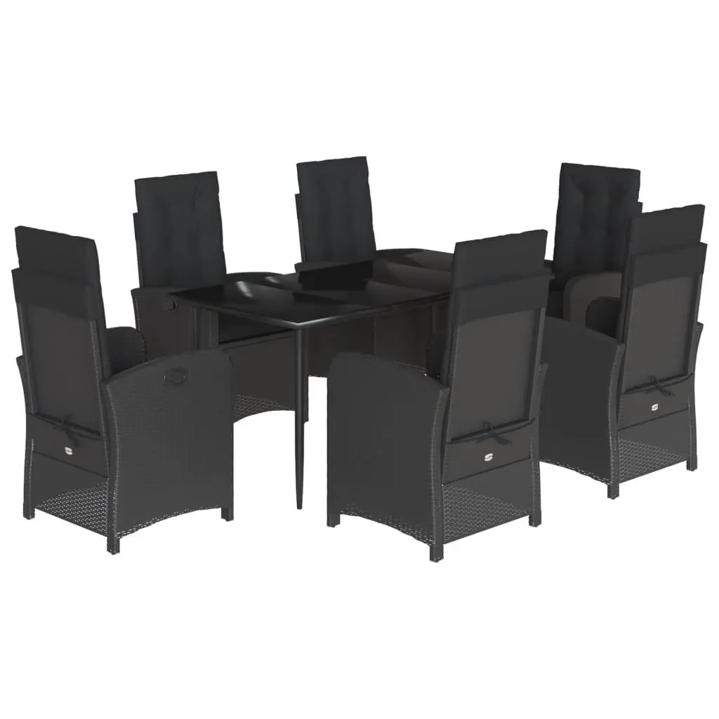 7 Piece Garden Dining Set Black Poly Rattan Outdoor Furniture with Cushions Adjustable Backrest Tempered Glass Table Top