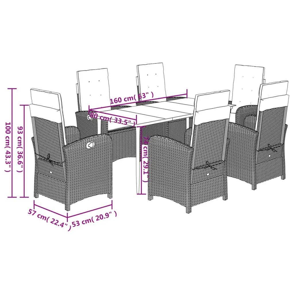 7 Piece Garden Dining Set Black Poly Rattan Outdoor Furniture with Cushions Adjustable Backrest Tempered Glass Table Top