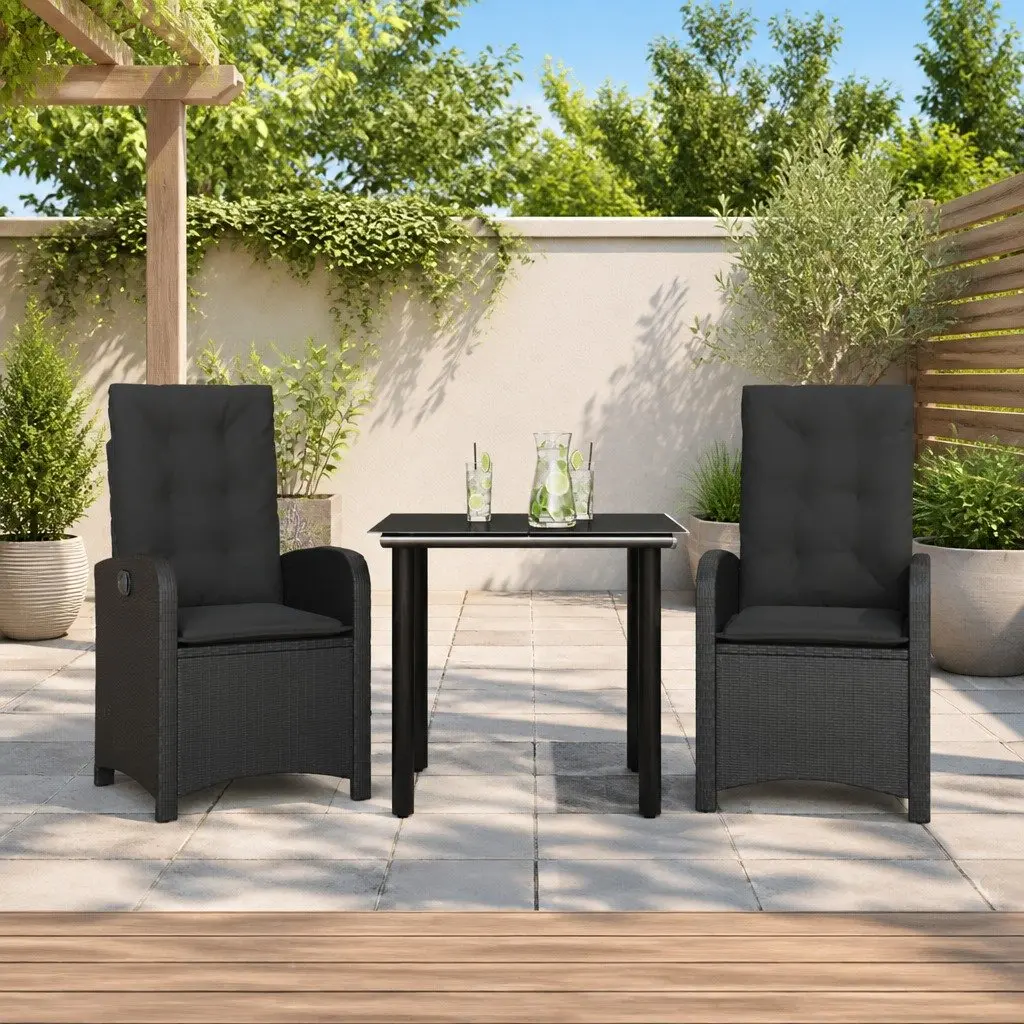 Garden Dining Set Black 3 Piece Outdoor Furniture PE Poly Rattan Adjustable Backrest Thick Cushions Tempered Glass Tabletop