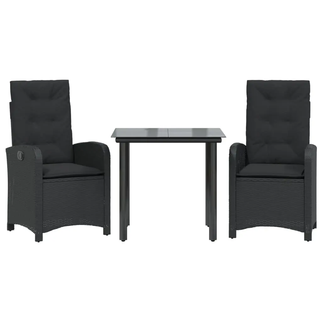 Garden Dining Set Black 3 Piece Outdoor Furniture PE Poly Rattan Adjustable Backrest Thick Cushions Tempered Glass Tabletop