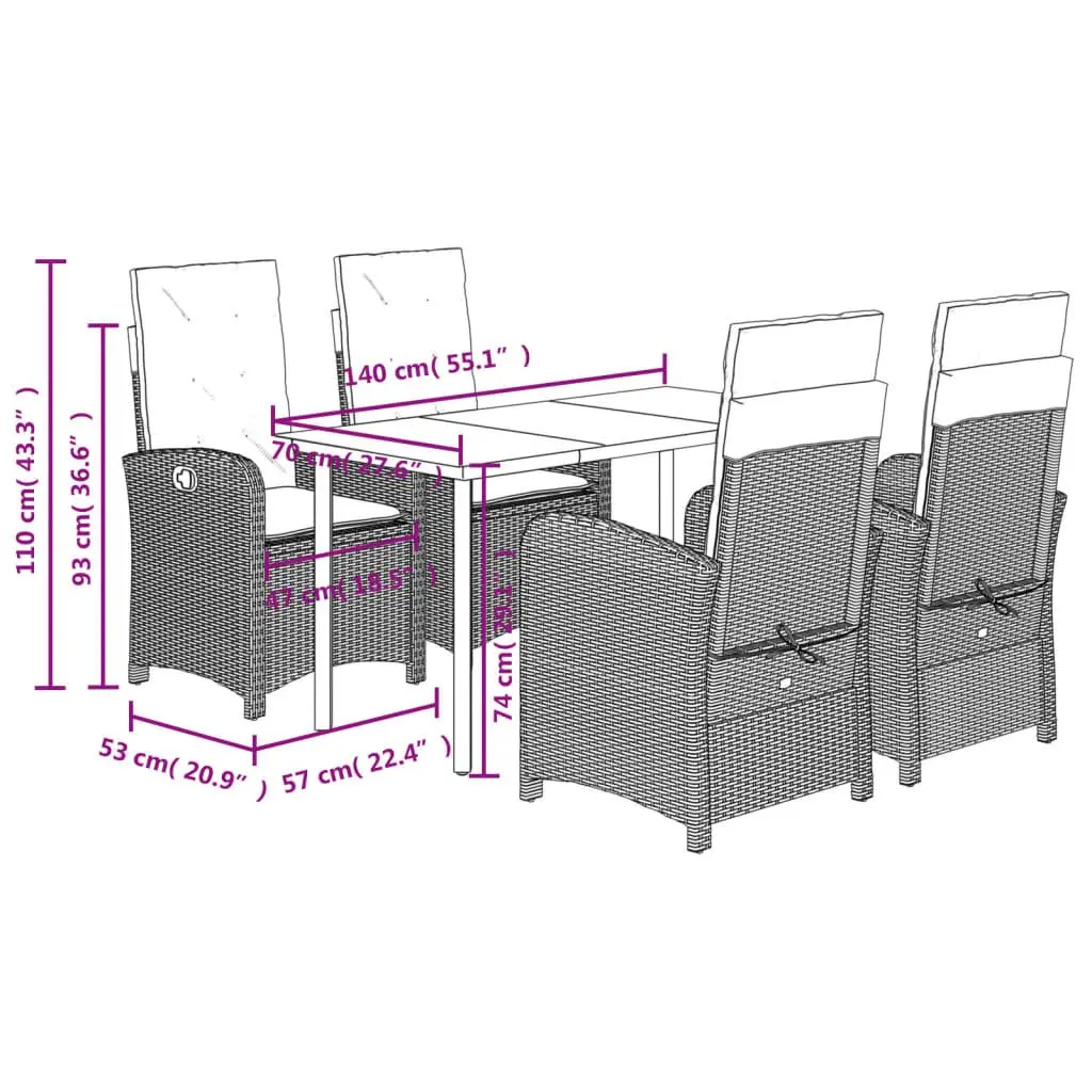 Garden Dining Set Black 5 Piece Outdoor Furniture PE Rattan Adjustable Backrest