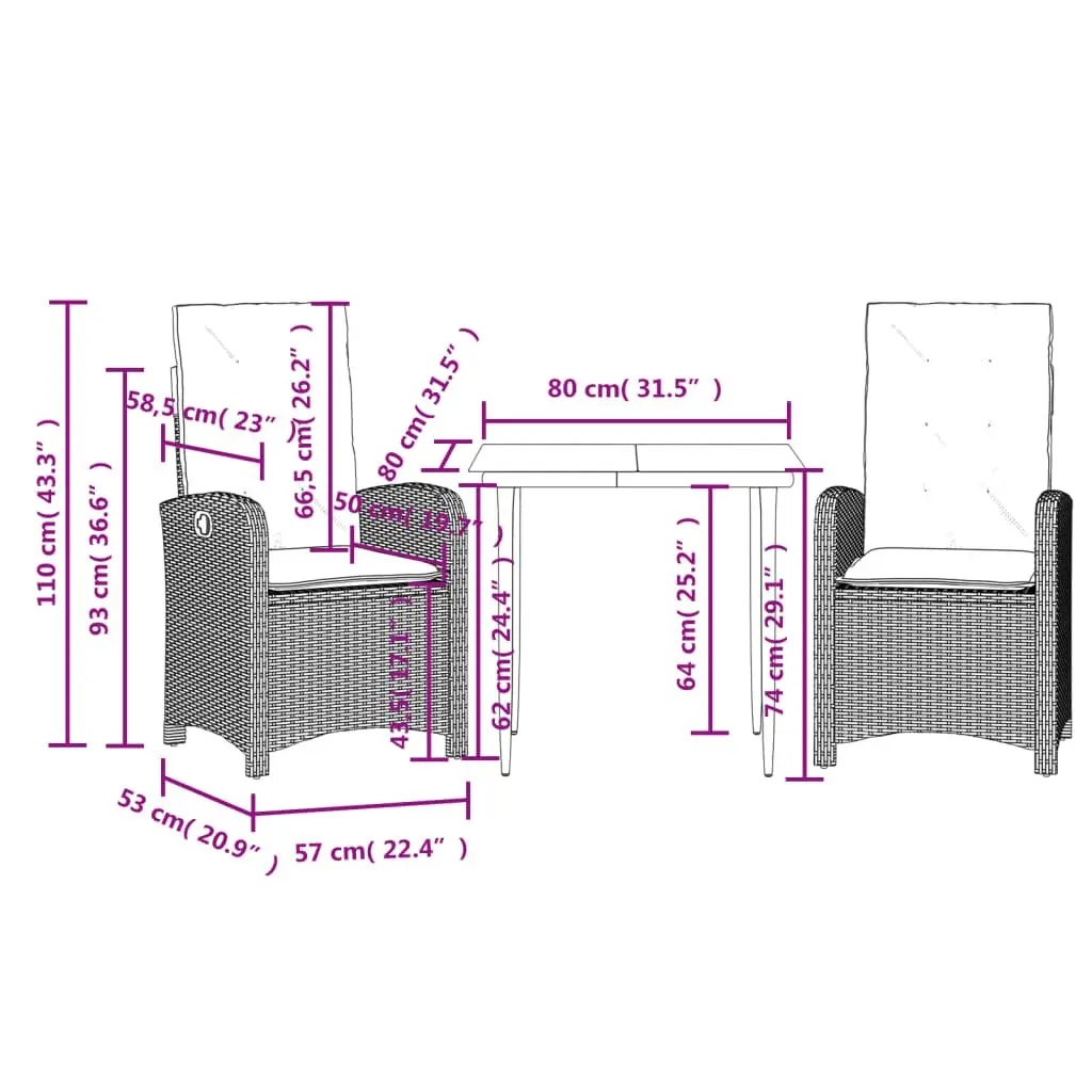 Garden Dining Set 3 Piece Outdoor Furniture Grey Poly Rattan Cushions Patio