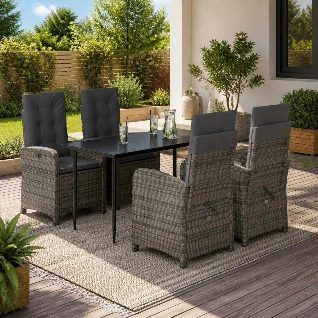 5 Piece Outdoor Dining Set Grey Cushioned Furniture with Adjustable Backrest Poly Rattan
