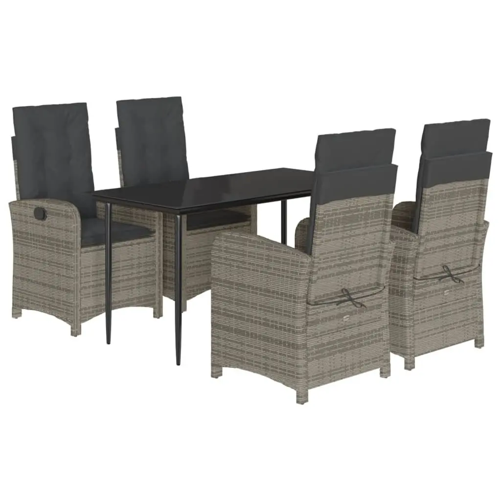 5 Piece Outdoor Dining Set Grey Cushioned Furniture with Adjustable Backrest Poly Rattan