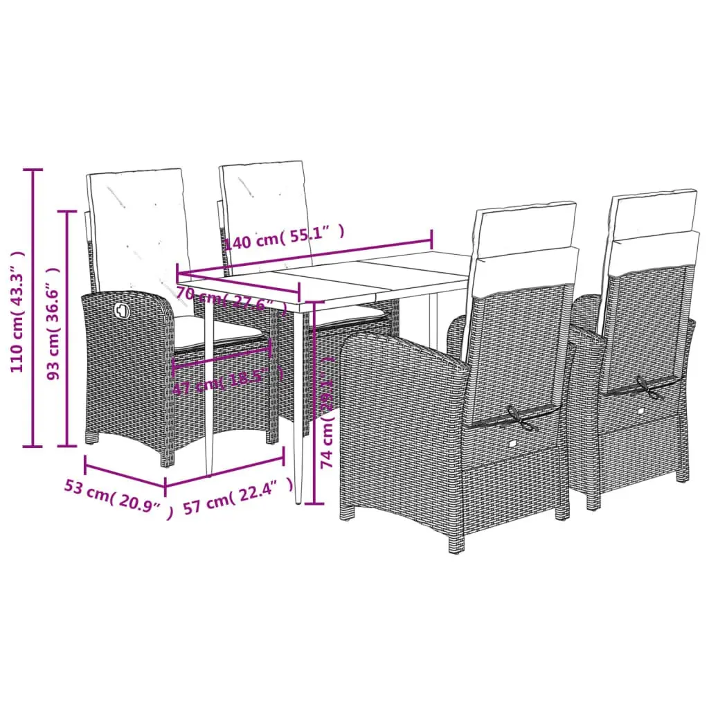5 Piece Outdoor Dining Set Grey Cushioned Furniture with Adjustable Backrest Poly Rattan