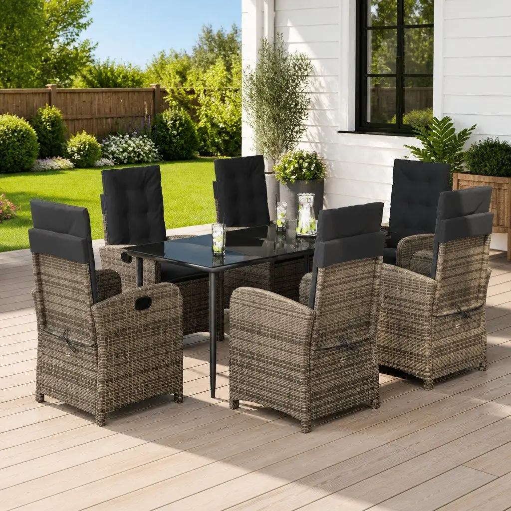 Garden Dining Set 7 Piece Outdoor Furniture Table Chairs Grey Poly Rattan