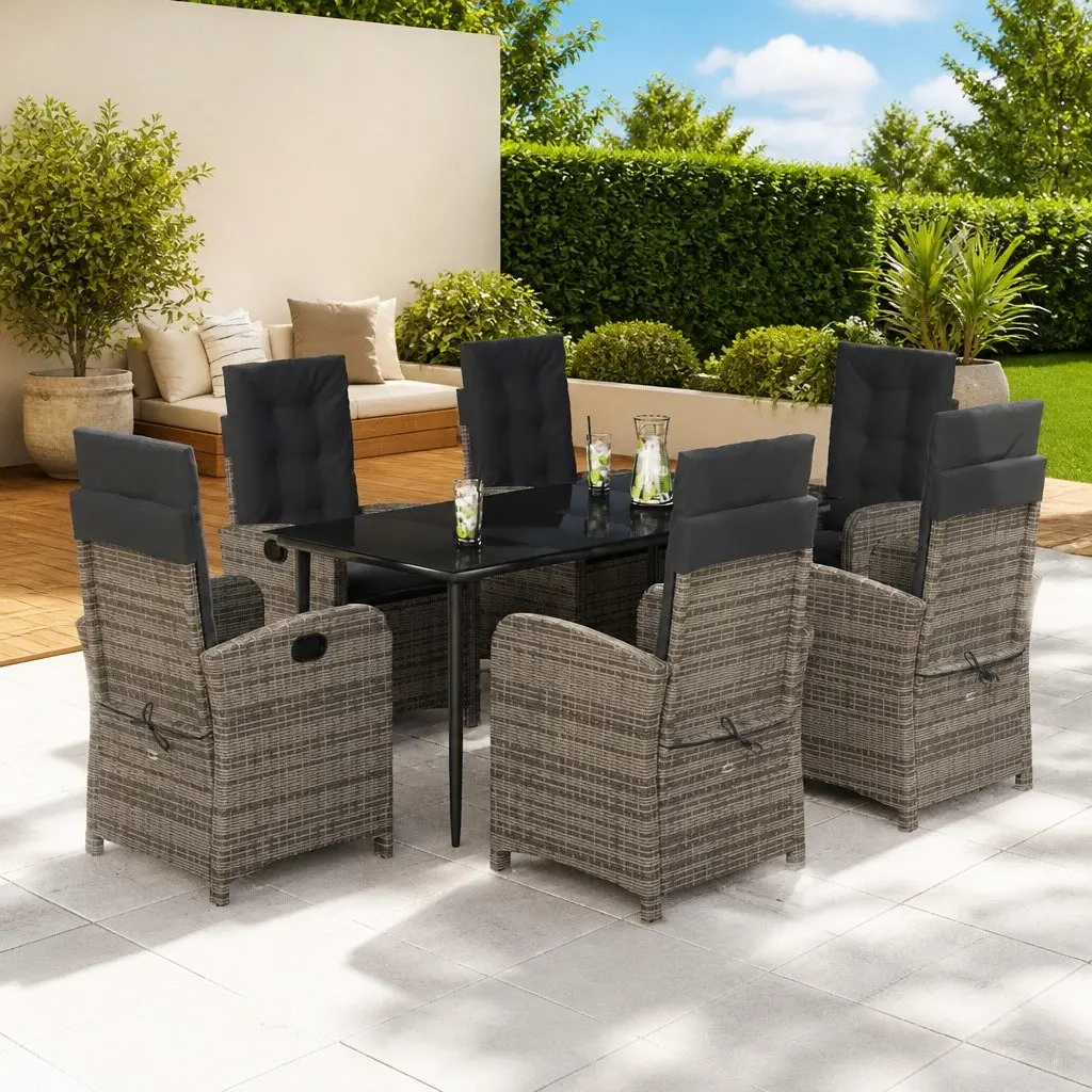 Outdoor Patio Furniture Grey 7 Piece Dining Set Cushioned Rattan with Tempered Glass Top