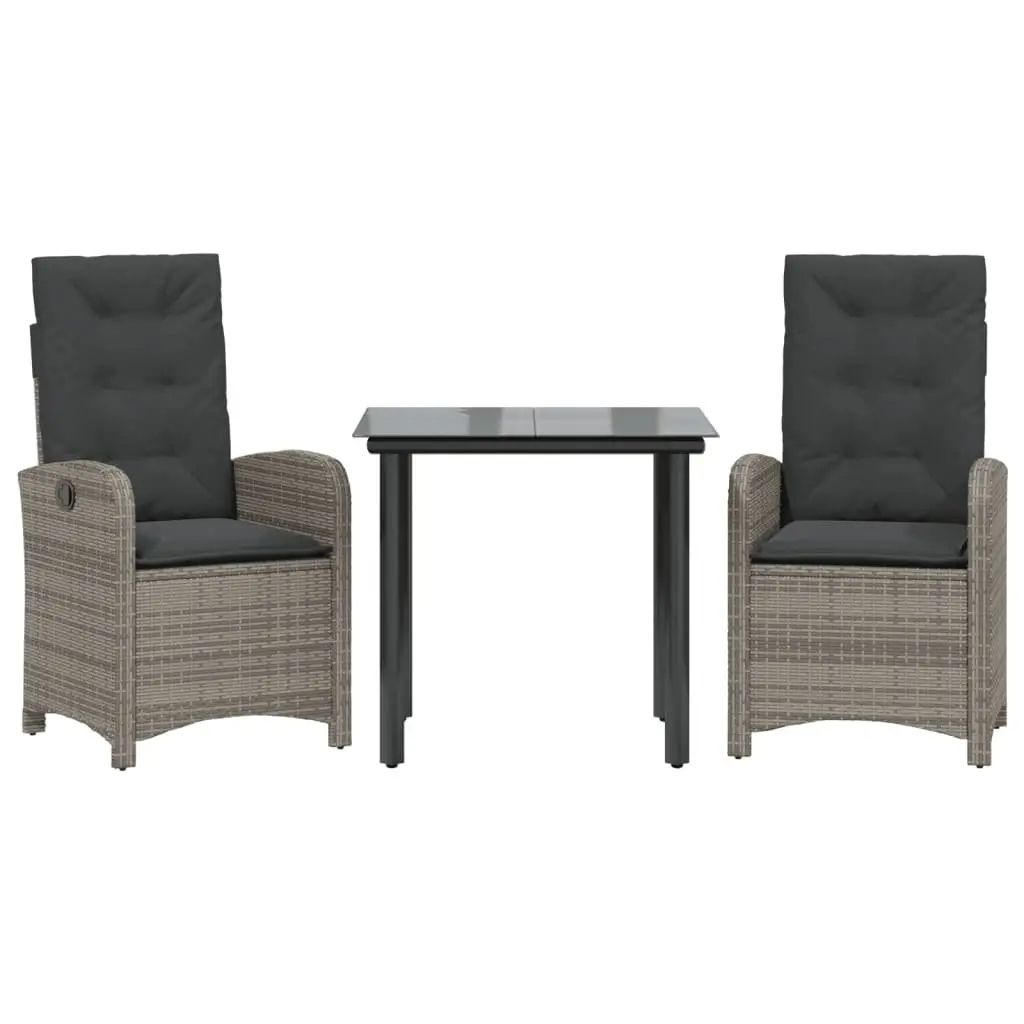 Garden Dining Set Grey 3 Piece Outdoor Furniture Poly Rattan with Cushions Adjustable Backrest