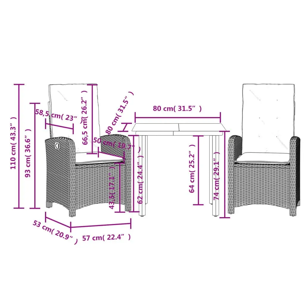 Garden Dining Set 3 Piece Outdoor Furniture Poly Rattan Patio Adjustable