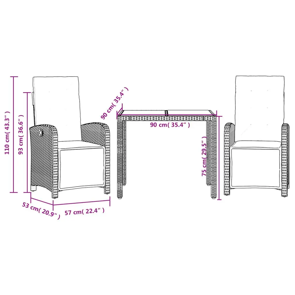 3 Piece Bistro Set Black PE Rattan Adjustable Chair Tempered Glass Table