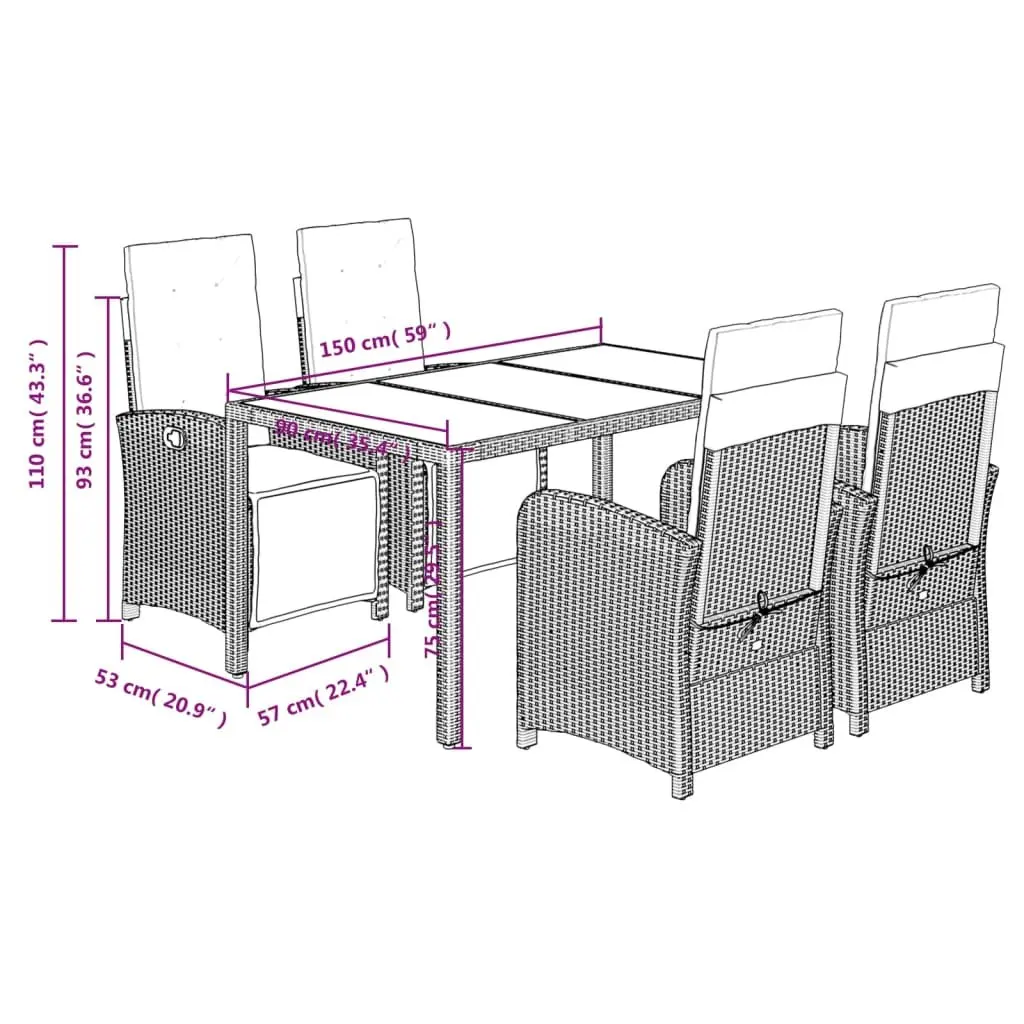 Outdoor Dining Set Black Adjustable Backrest 5 Piece Poly Rattan Chairs Table with Cushions