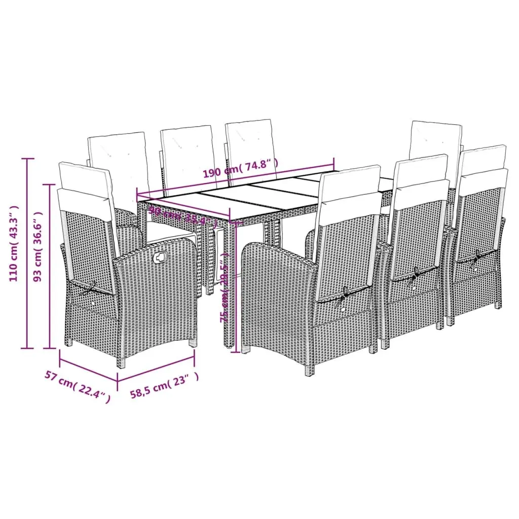 9PieceGardenDiningSetCushionedBlackPolyRattanTableandChairforOutdoorLiving