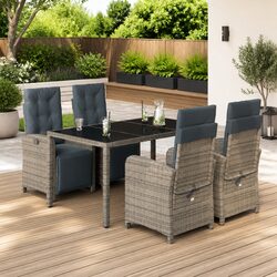 Garden Dining Set 5 Piece Grey Poly Rattan Outdoor Furniture Cushions Glass