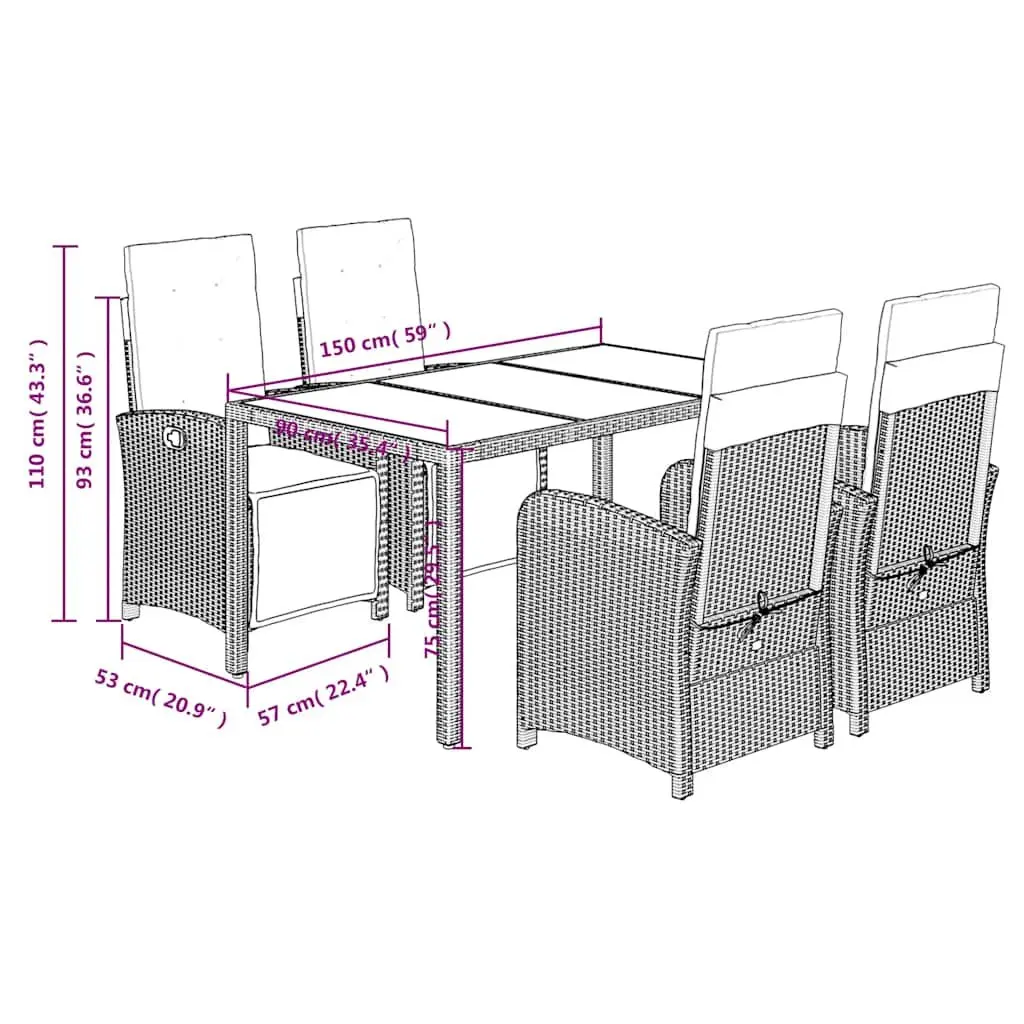 Garden Dining Set Grey 5 Piece Poly Rattan Cushioned Outdoor Furniture Glass Table