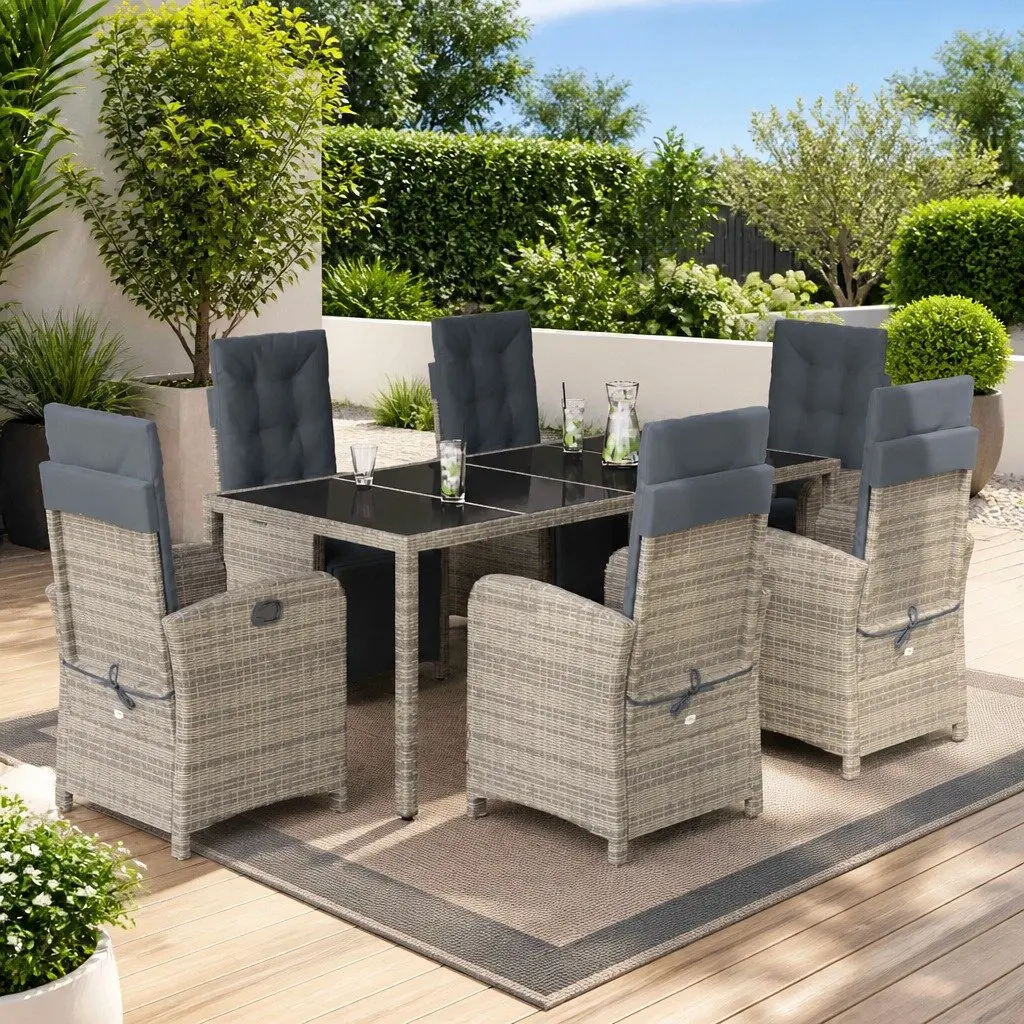 7 Piece Outdoor Dining Set Grey Cushioned Rattan Furniture with Adjustable Backrests and Tempered Glass Table