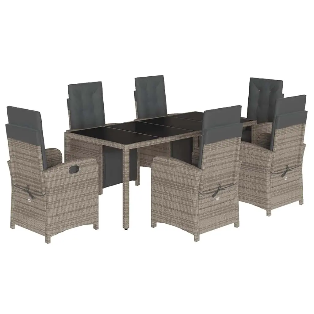 7 Piece Outdoor Dining Set Grey Cushioned Rattan Furniture with Adjustable Backrests and Tempered Glass Table