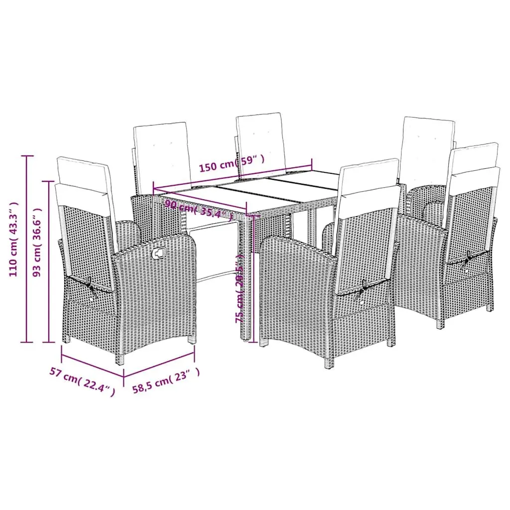 7 Piece Outdoor Dining Set Grey Cushioned Rattan Furniture with Adjustable Backrests and Tempered Glass Table