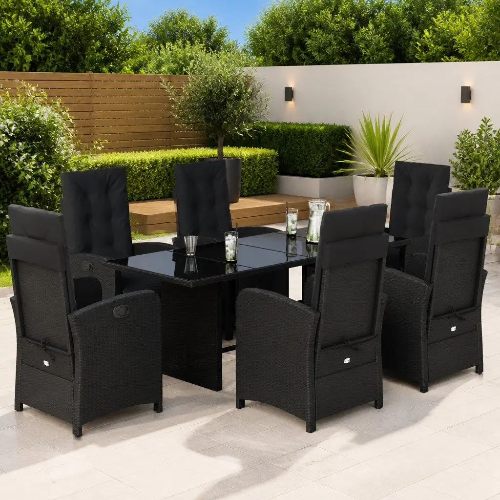 Garden Dining Set 7 Piece Outdoor Furniture Black Poly Rattan with Cushions