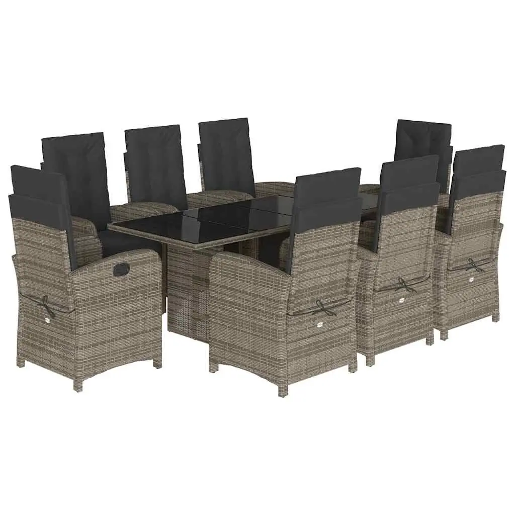 9 Piece Garden Dining Set Grey Poly Rattan with Cushions Adjustable Backrest Outdoor Patio Furniture