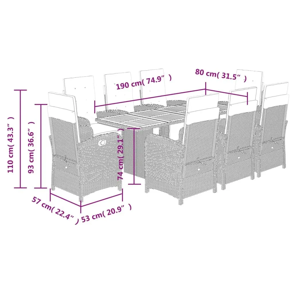 9 Piece Outdoor Dining Set Black Poly Rattan Chair Table Adjustable Backrest Footrest