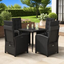 5 Piece Garden Dining Set Black Poly Rattan Outdoor Furniture with Cushions