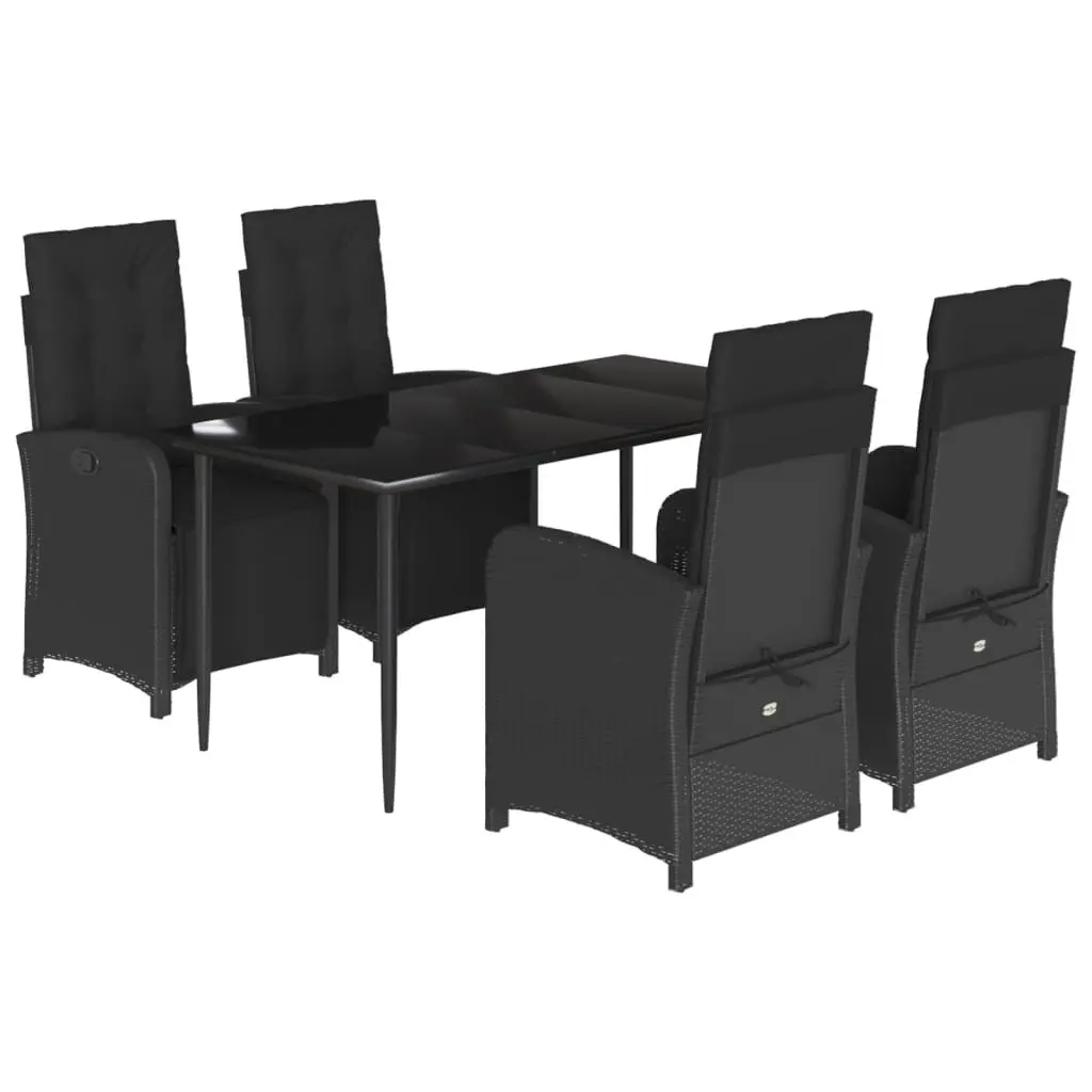 5 Piece Black Poly Rattan Garden Dining Set with Cushions Adjustable Backrest for Outdoor Use