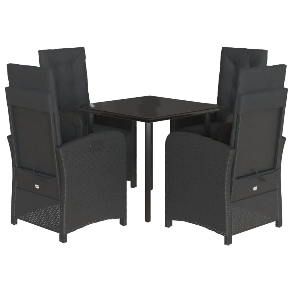 5 Piece Garden Dining Set Black Poly Rattan Cushioned Table Chairs