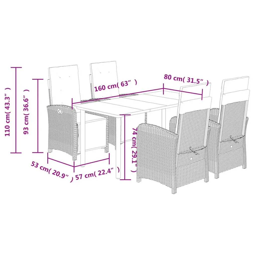 Garden Dining Set Black 5 Piece Outdoor Furniture PE Rattan Table Chairs