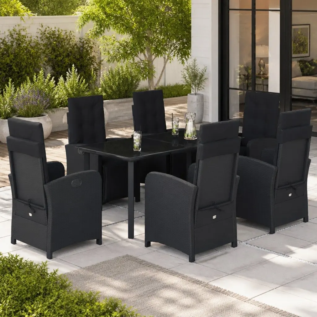 7 Piece Garden Dining Set Black Poly Rattan Cushioned Seating Tempered Glass Table