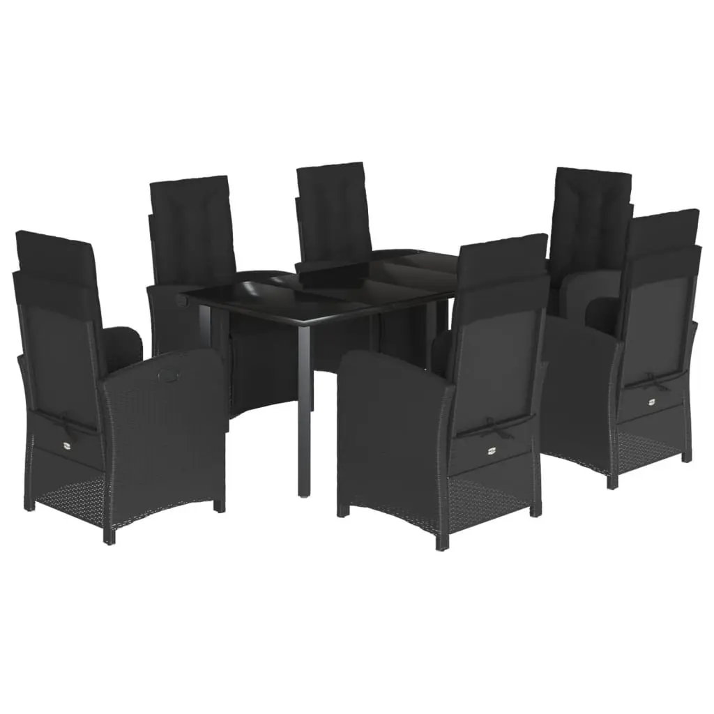 7 Piece Garden Dining Set Black Poly Rattan Cushioned Seating Tempered Glass Table